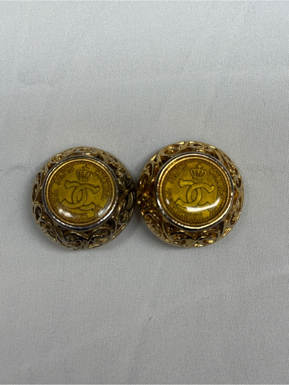 CHANEL Gold-Tone Earrings with Yellow Medallion and Crown Motif